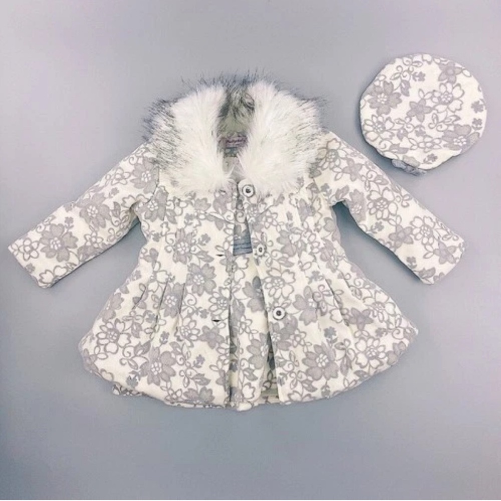 Baby Girls Spanish Style Romany Set Fur Collar Coat Dress & Beret Outfit 6 month